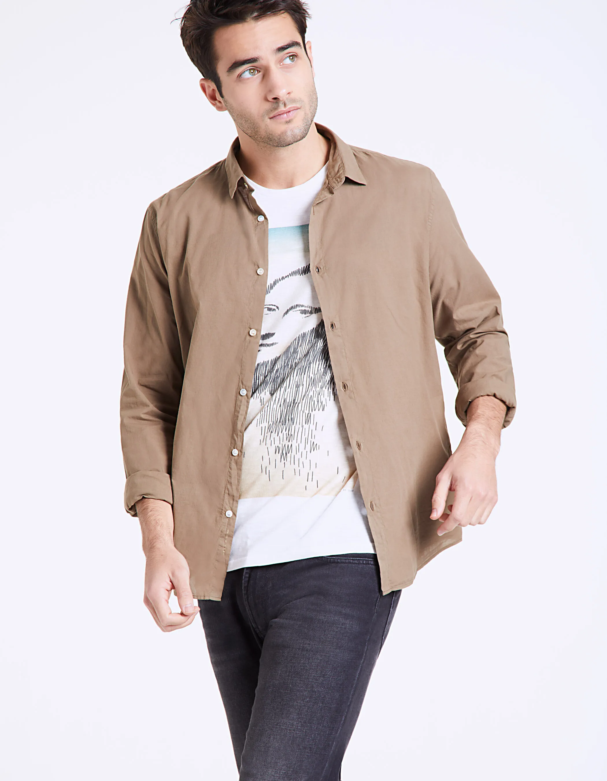 Chemise slim kaki en voile de coton Homme