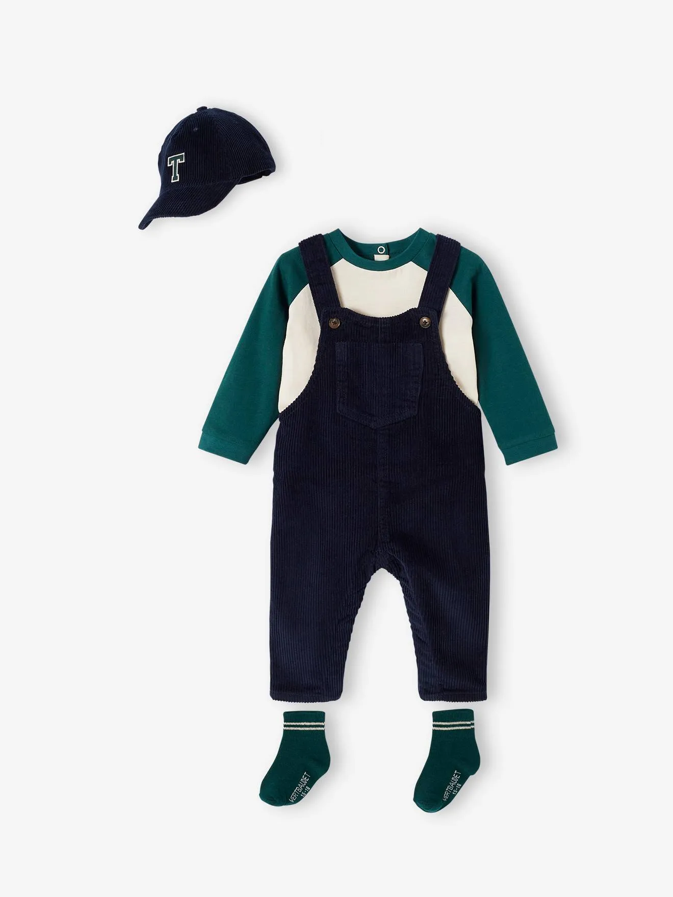 Ensemble 4 pièces bébé T-shirt + salopette + casquette + chaussettes bleu nuit - Vertbaudet