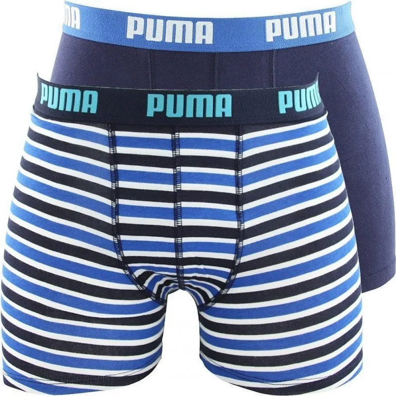PUMA Lot de 2 Boxers Garçon Coton PRINTED STRIPE Marine Blanc