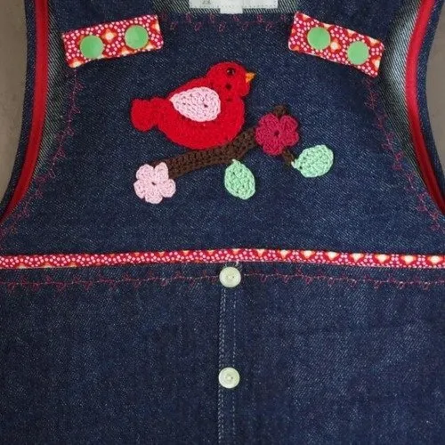 Robe salopette en jean bleu, petit oiseau sur sa branche - 3 ans