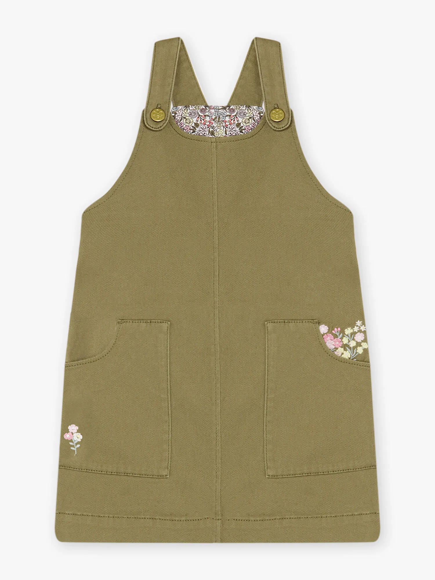 Robe-salopette vert kaki twill motifs fleuri enfant fille