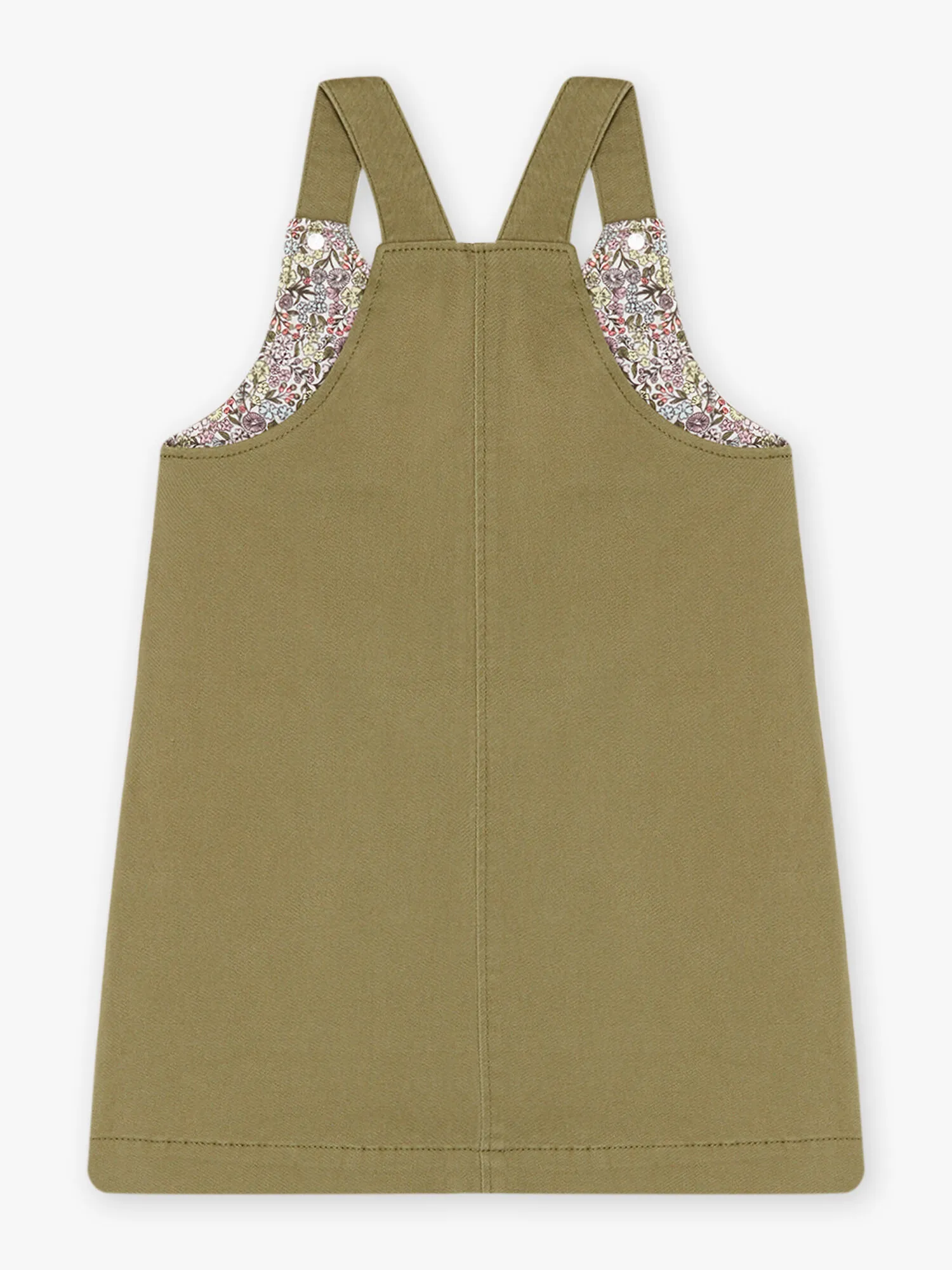 Robe-salopette vert kaki twill motifs fleuri enfant fille